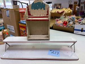 lot 217 image: Enamel Shelf, small antique wood knick knack shelf