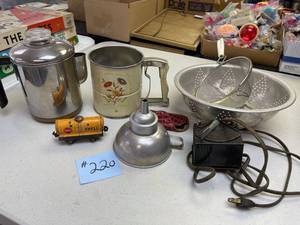 lot 220 image: coffee pot, sifter, funnel, strainers, shell train and transformer.