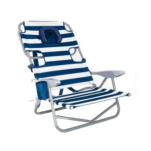 lot 63169 image: Ostrich On-Your-Back Outdoor Lounge 5 Position Recline Beach Chair, Striped Blue