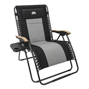 lot 63206 image: Coastrail Outdoor Oversized Zero Gravity Chair Wood Armrest Padded XXL Folding Patio Lounge Adjustable Recliner with Cup Holder & Side Table, 400lbs Weight Capacity, Black