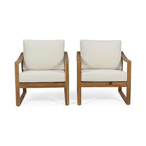 lot 63211 image: Christopher Knight Home 312951 Adolph Outdoor Acacia Wood Club Chairs with Water Resistant Cushions, Teak and Beige