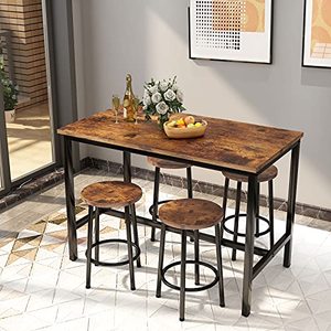 lot 63216 image: AWQM Bar Table and Chairs Set Industrial Counter Height Pub Table with 4 Chairs Bar Table Set 5 Pieces Dining Table Set Home Kitchen Breakfast Table, Rustic Brown