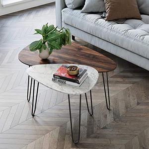lot 63244 image: Nathan James Bodhi Mid-Century Nesting Coffee Table Set of 2, Stacking Side or End for Living Room with Faux Carrara Marble, Wood Finish and Black Metal Legs, WhiteWalnut