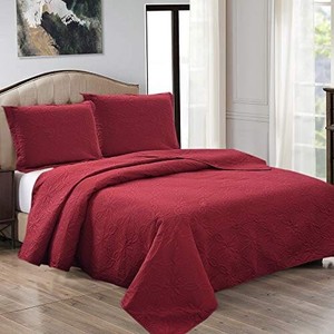 lot 702 image: JML 3 Piece Reversible Quilt Set - Solid Color Embossed - Soft Microfiber Lightweight Coverlet Bedspread for All Season (Floral Embossed - Burgundy, King 92x104)