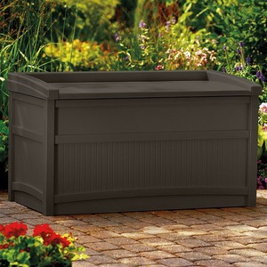 lot 739 image: Suncast - Horizontal Stay Dry Outdoor Deck Storage Box with Seat - Java