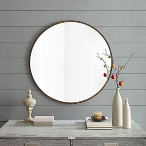 lot 753 image: Walker Edison 32in. Round Metal Framed Mirror - Antique Brass Metal