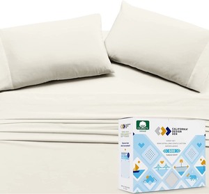 lot 814 image: California Design Den 500-Thread-Count Cotton Sateen King Sheets - 4 Piece Solid Ivory Bed Sheet Set, Smooth Breathable Bed Set, Deep Pocket Fits Mattress 16 Inches