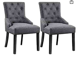 lot 837 image: Yaheetech 2pcs Dining Chairs Accent Button-Tufted Upholstered Fabric Chair with Nailhead Trim and Padded Seat for KitchenLiving RoomLounge, Gray
