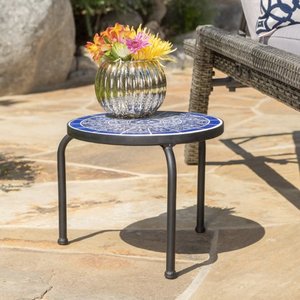 lot 860 image: Bryan Outdoor Ceramic Tile Side Table with Iron Frame, Blue and White