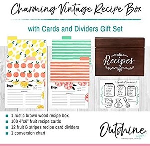 lot 65915 image: Outshine Brown Wooden Recipe Box with Cards and Dividers  Farmhouse Recipe Box w 100 Fruit 4x6 Recipe Cards & 12 Recipe Card Dividers Plus a Conversion Chart  Gift for Women Wedding Bridal Shower