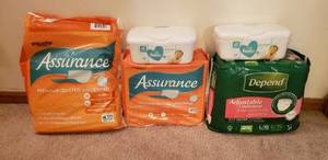 lot 135 image: Depends (LXL), Assurance Underpads (one partial) and 2 New Pampers Senitive Wipes
