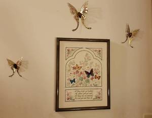 lot 140 image: Wall Decor  Painted, Print, Embroidered and 3 Metal Butterflies