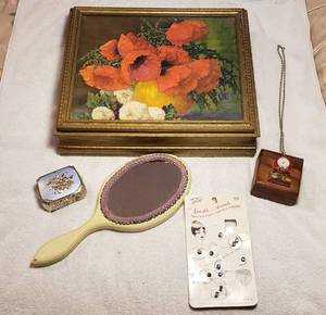 lot 148 image: Vintage Jewelry Box, Trinket Box, Hand Mirror Clock Necklace and Hair Accents