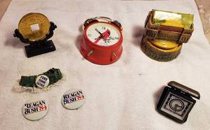 lot 154 image: 2 Alarm Clocks, Tennessee Waltz Music Box, Hotel Souvenir and Vintage Campaign Pins