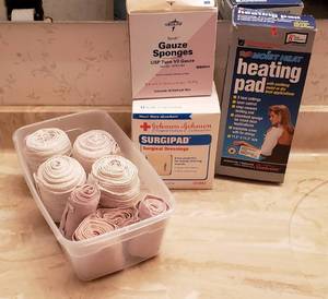 lot 180 image: Tote of Ace Bandages, Gauze Dressings and Moist Heat Heating Pad