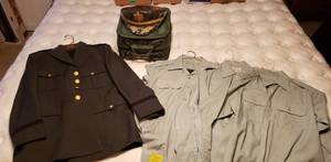 lot 190 image: Officer Military Dress Green Uniform wCap & Carrier  3 Shirts, 2 Pair of Pants and Tie