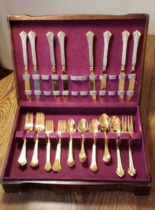 lot 305 image: 50 Pc Set of Vintage Oneida Community Goldtone Flatware  - with wood storage case