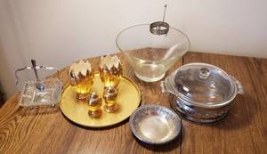 lot 310 image: Vintage Metalic Gold Porcelain Vases, & SP set, Chip & Dip Bowl wholder, Lidded Casserole with caddy, Nut dish wcaddy & spoon