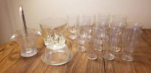 lot 311 image: Ertched Crystral - 7  tumblers, ice bucket, domed Cheese tray, Handled basket. 6 Stemmed Ice tea glasses
