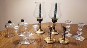 lot 314 image: Candle Holders Crystal, Brass and Pressed Glass