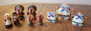 lot 320 image: Ceramic Windmill Tea Set and 3 Sets of Thanksgiving Decor SP Shakers