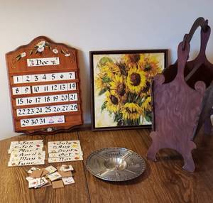 lot 331 image: Wood Wall Calender & Magazine rack, Sunflower art, Pewter Souvenir platter