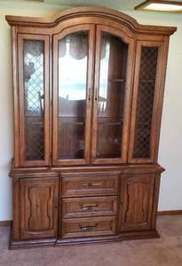lot 333 image: Bassett - 2pc Lighted China Hutch - top has 2 framed glass shelves, base has 3 drawers & 2 side cabinets.    54Wx16Dx79T  HEAVY You will need help to move & load