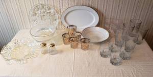lot 368 image: Clear Pressed Glass, Gold Trimmed China Serving Dishes, Gold Trimmed Glasses and Glasses