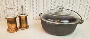 lot 371 image: Vintage Wagner Ware  Griswold w Glass Lid and Copper Plated SP shakers