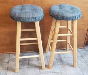 lot 377 image: Pair of Wood Stools wRemoveable Cushions  25 in. tall