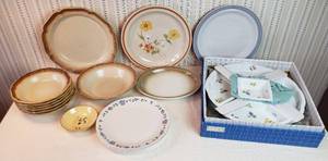 lot 384 image: Stoneware Platters, Plates, & Bowls, Corelle Plates and Ceramic Section Server on Lazy Sue (NIB)