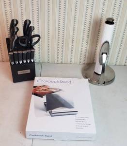 lot 398 image: Oneida Stainless Steel Knife Set wWood Block, Cookbook Stand and OXO Paper Towel Holder