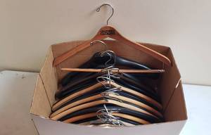 lot 408 image: Box of Wood & Plastic Hangers for Suits & Coats