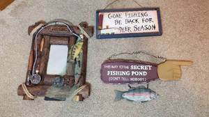 lot 415 image: 3 Fishing Decor Wall Hangings 2 Signs and 1 Frame