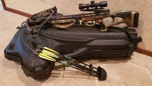 lot 436 image: Horton Archery Bone Collector Crossbow - almost Pristine condition - with Nikon BoltXR 3x32 scope, arrows & Flambeau hard case