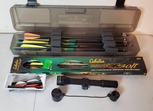 lot 437 image: Cabellas StockerXBolt Arrows, QuikFletch extras, Horton 4x32 Crossbow scope, Crossbow arrow case full of arrows