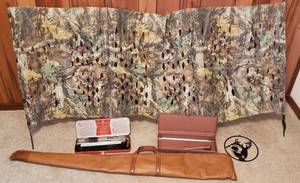 lot 455 image: Advantage Timber Hunting Blind, Soft side rifle case, 2 gun cleaning kits, Deer decor