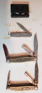 lot 466 image: 2 - 3 blade pocket knives. & 1 watch fob pocket knife & a sharpener