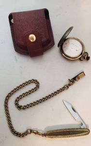lot 473 image: Geoffrey Beene Designer Quartz Pocket Watch with Leather case & Burnished gold watch fob pocket knife with chain