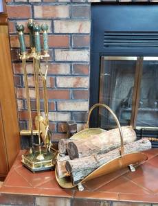 lot 486 image: Brass Fireplace tools, Matches wholder, Brass Wood caddy wwood