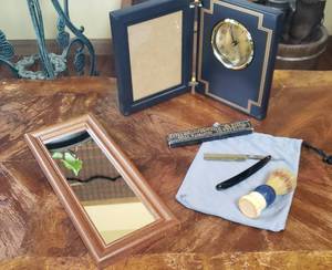 lot 499 image: Antique Rice straight razor with original box, Erskine shaving brush, bag, Wall mirror, Clock frame