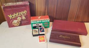 lot 512 image: Card shuffler, decks of cards, Yahtzee, Scrabble