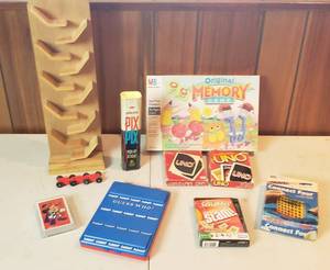 lot 513 image: Travel games, Uno, Pick up sticks, wood car tower