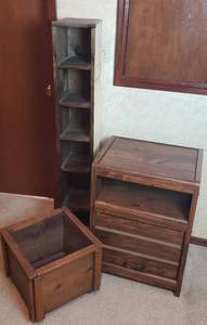 lot 523 image: Particle Board Printer stand, Tall wood shelf, Planter caddy