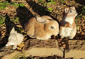 lot 1002 image: 3 Concrete Statues 2 Rabbits and 1 Squirrel  one rabbit missing foot
