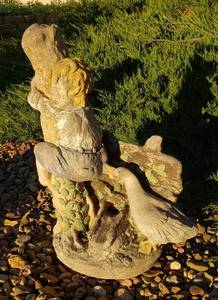 lot 1005 image: Concrete Statue Goose Chasing Kids up a Tree (old fountain piece)  15 x 10 x 22 in. tall