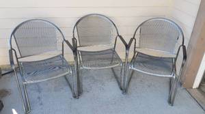 lot 806 image: 3 Metal Mesh Arch Back Patio Chairs Seat  18 in. Chair 30 in. tall  Stackable