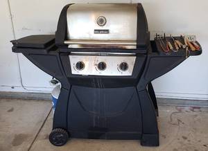 lot 808 image: BBQ Grillware Propane Outdoor Grill wone eye side burner and Utensils  Propane Tank is Partially Full  62 x 24 x 48 in. tall closed