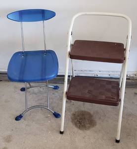 lot 814 image: Cosco Folding 2 step Stool (30 in. tall) and Blue Plastic Seat Folding Chair  Seat 15 in.