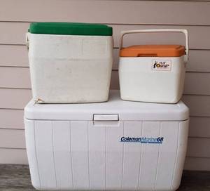 lot 817 image: 3 Coleman Coolers Marine 68, Green Top Oscar and Orange Top Lil Oscar